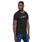 Man wearing Leo zodiac 90s nostalgia graphic t-shirt in black, retro astrology style