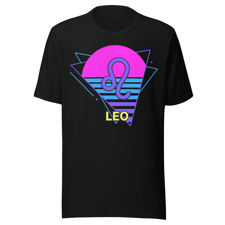 Black t-shirt with a colorful 'Leo' design featuring a pink circle and blue geometric shapes on a white background.