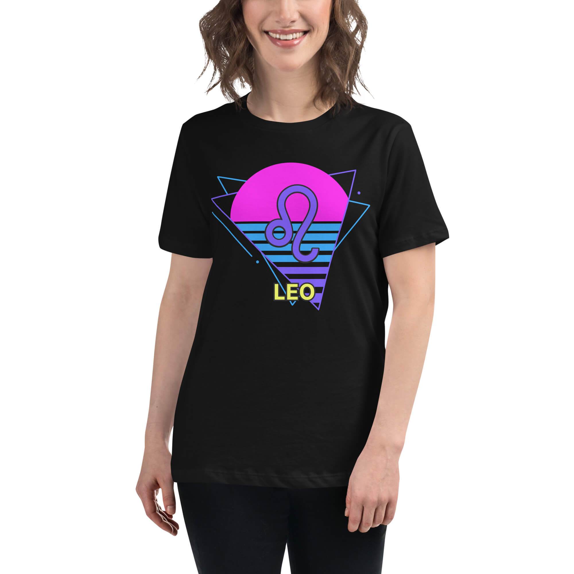 Person wearing Leo zodiac retro 80s graphic t-shirt, unisex astrology apparel