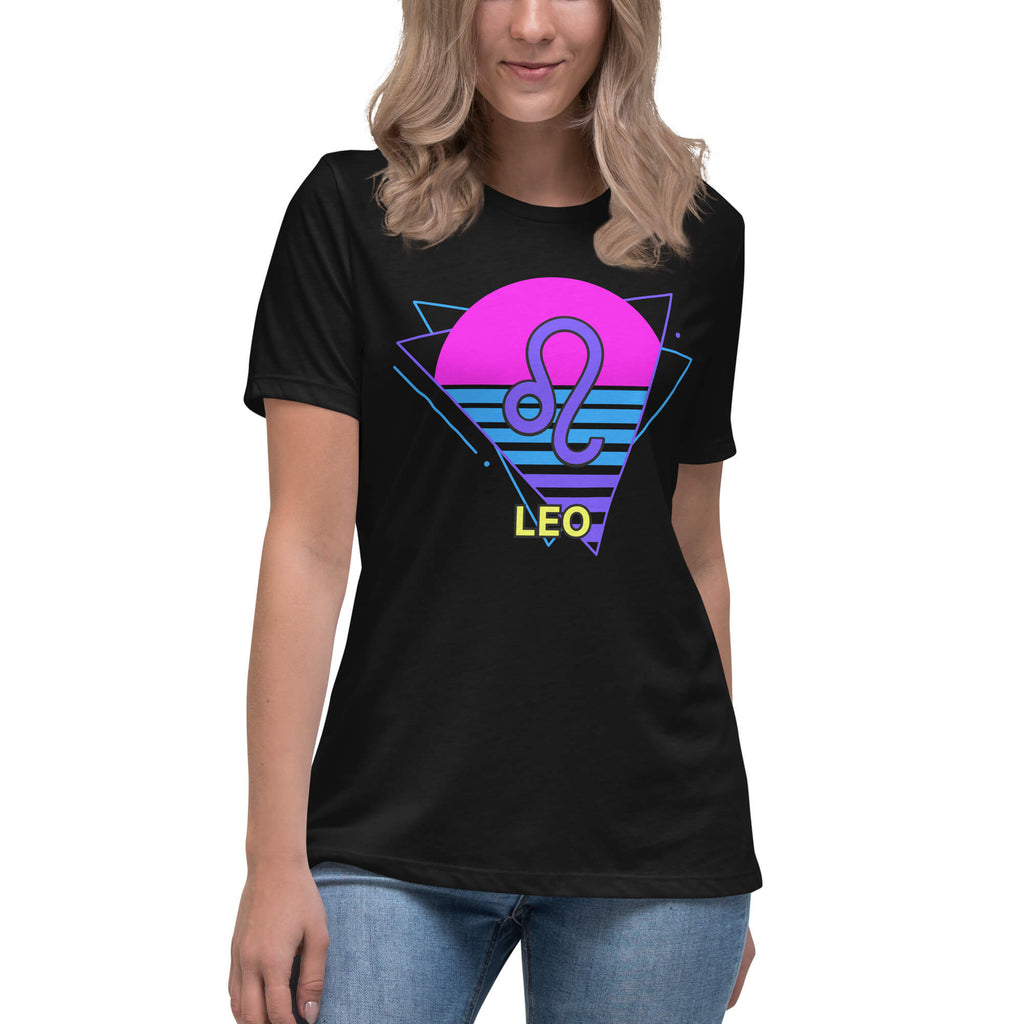 Person wearing Leo zodiac retro 80s graphic t-shirt, unisex retro astrology style