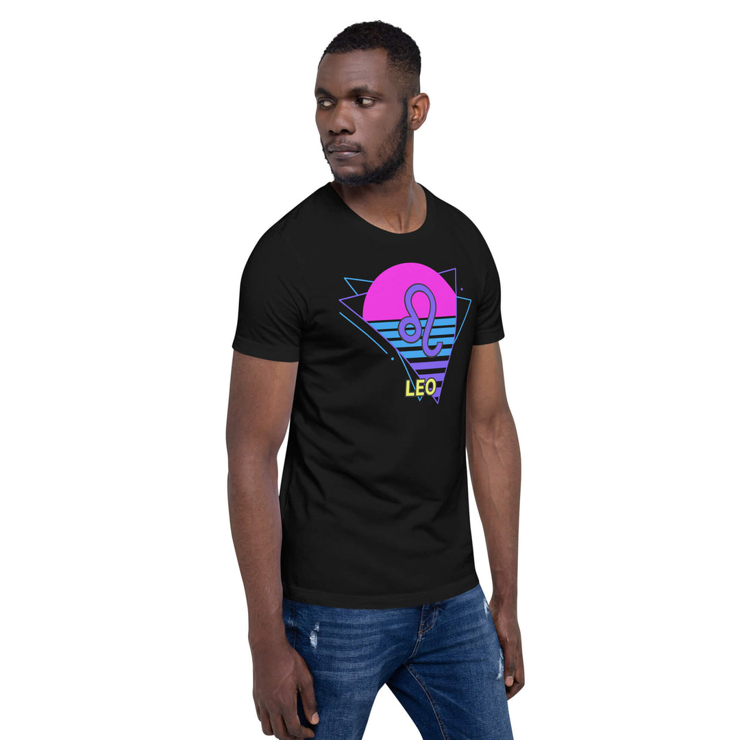 Man wearing a black t-shirt with a colorful graphic design on a white background