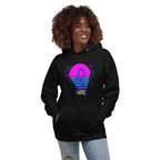 Person wearing Leo zodiac retro 80s graphic pullover hoodie in black with purple design, retro astrology style
