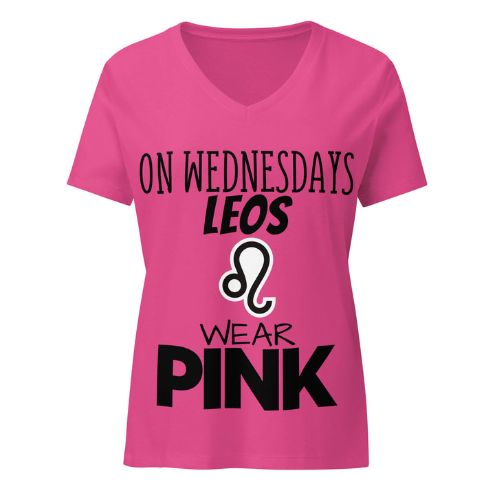 Pink v-neck with black text and Leo symbol on a white background