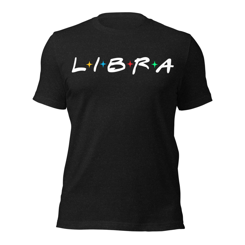 Libra zodiac 90s nostalgia graphic t-shirt, black unisex relaxed fit, front flat lay