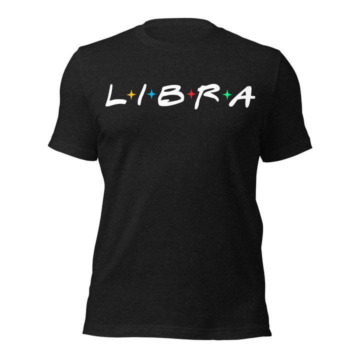Libra zodiac 90s nostalgia graphic t-shirt, black unisex relaxed fit, front flat lay