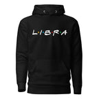 Libra zodiac 90s nostalgia graphic pullover hoodie, black unisex relaxed fit, front flat lay