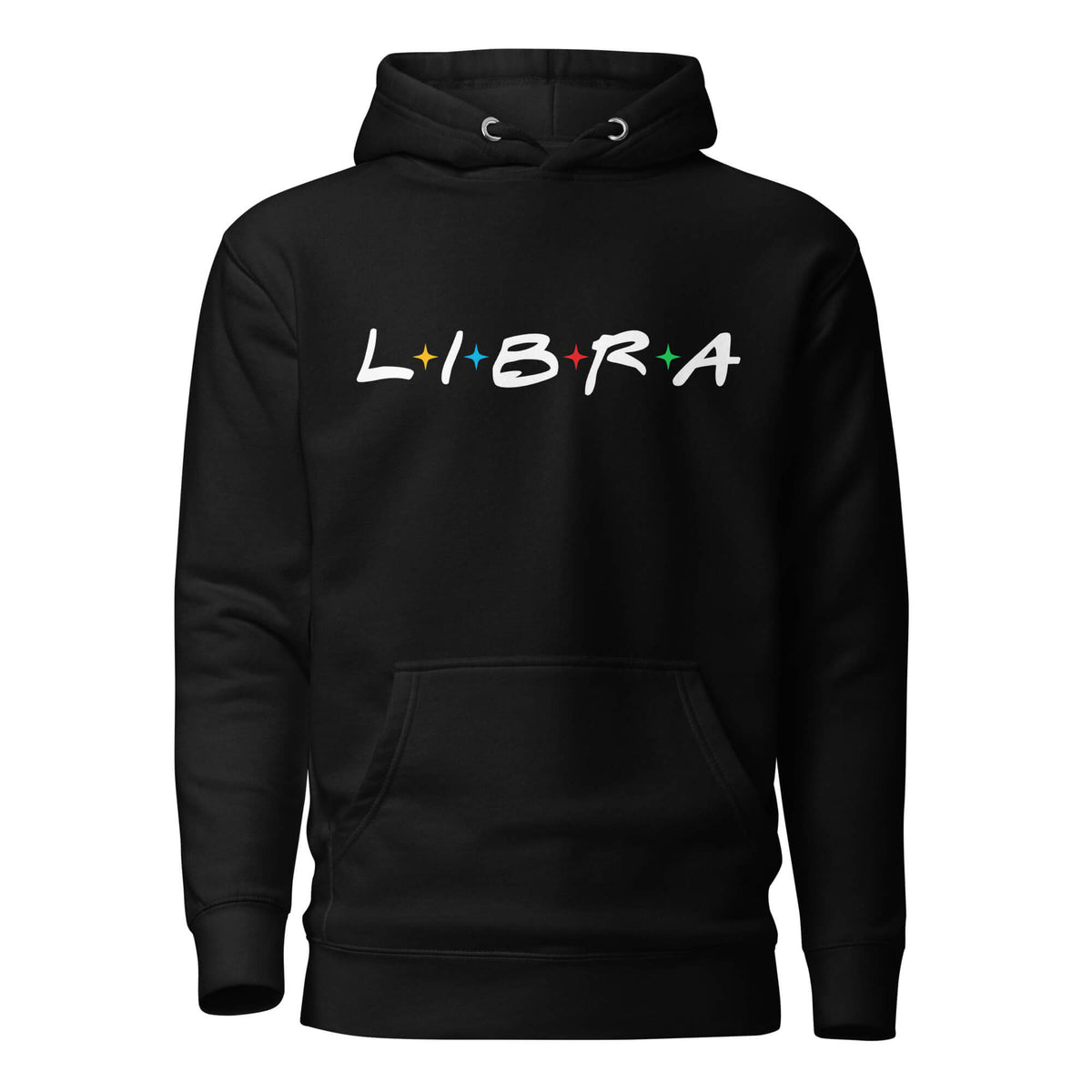 Libra zodiac 90s nostalgia graphic pullover hoodie, black unisex relaxed fit, front flat lay