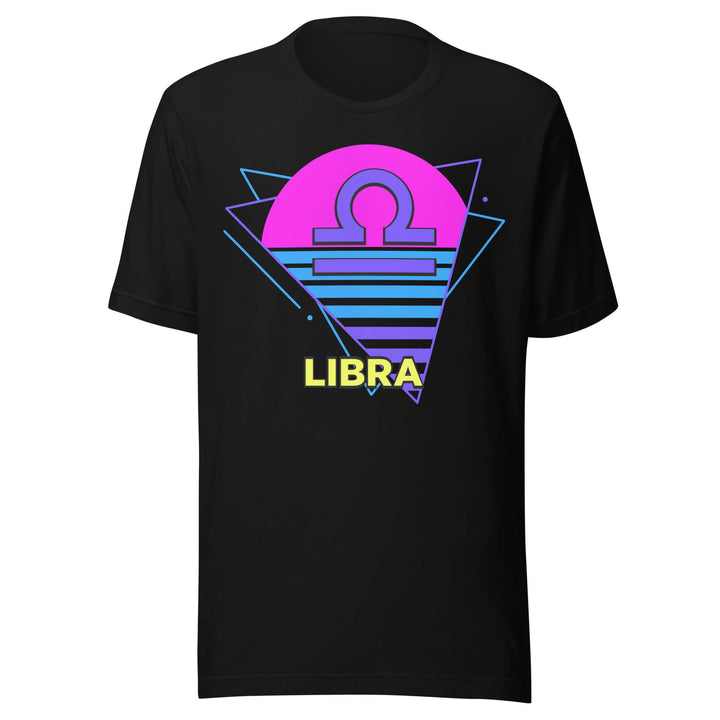 Black t-shirt with Libra zodiac sign design on a white background