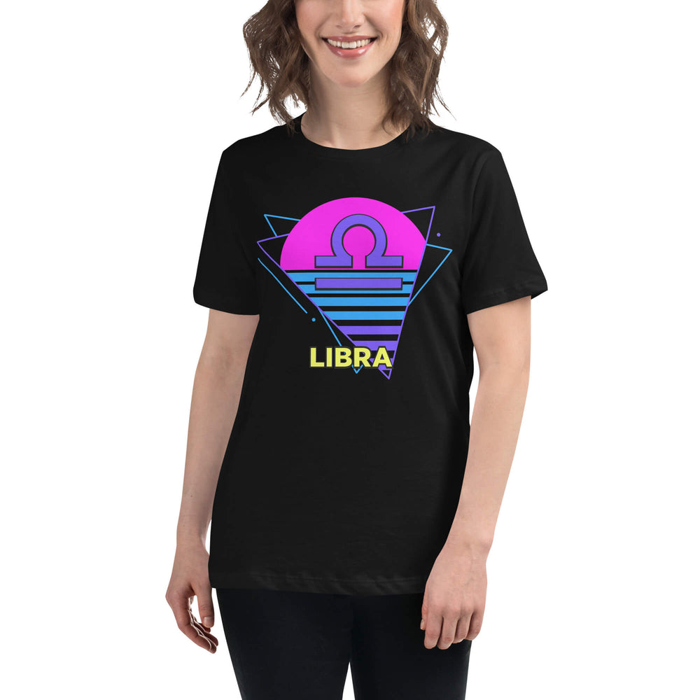 Person wearing a black t-shirt with a colorful 'Libra' design on a white background