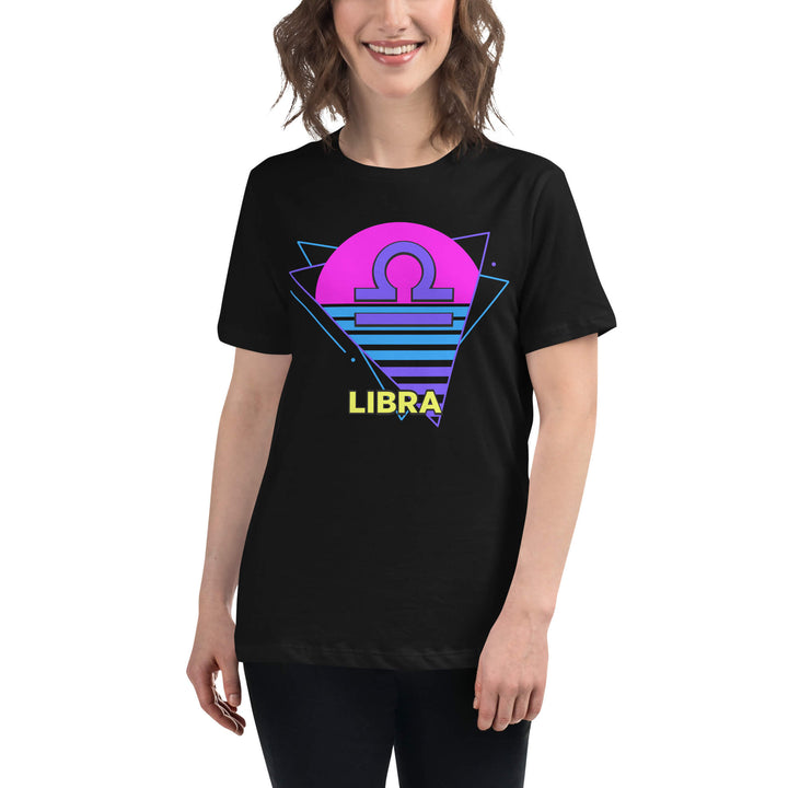 Person wearing a black t-shirt with a colorful 'Libra' design on a white background