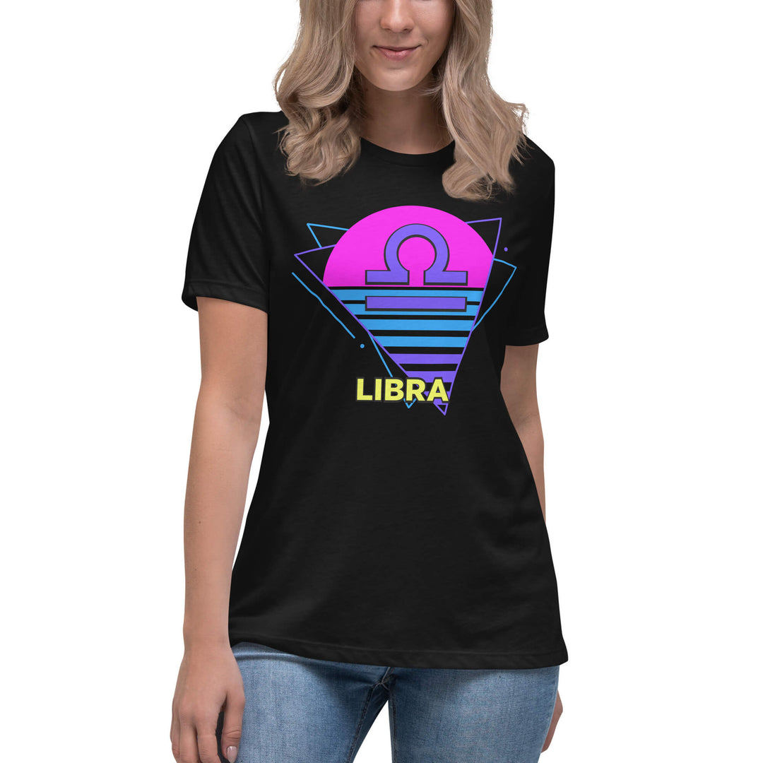 Person wearing a black t-shirt with a colorful 'Libra' design on a white background