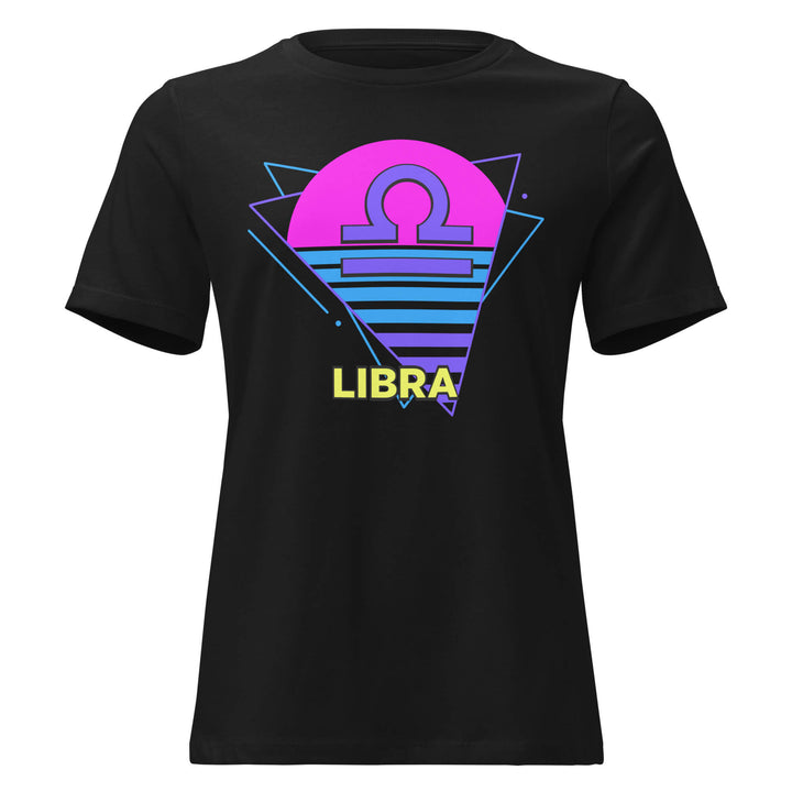 Libra retro 80s zodiac t-shirt with pink sun design on black shirt – flat product mockup