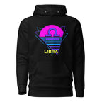 Libra zodiac retro 80s graphic pullover hoodie, black with purple design, unisex astrology apparel, front flat lay