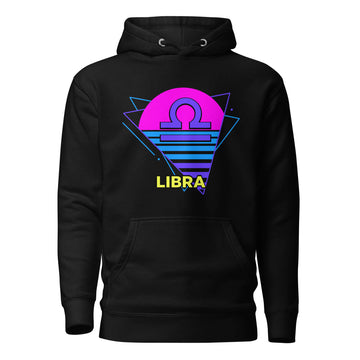 Libra zodiac retro 80s graphic pullover hoodie, black with purple design, unisex astrology apparel, front flat lay