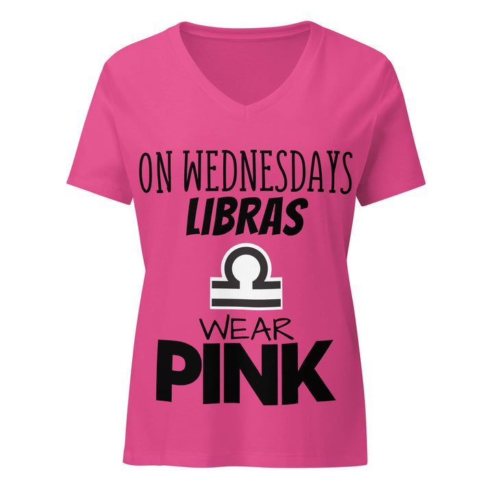 Pink v-neck with black text and Libra symbol on a white background