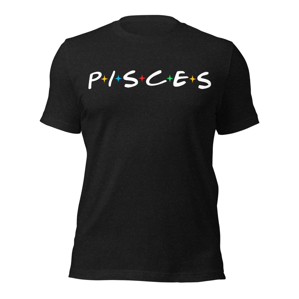 Pisces zodiac 90s nostalgia graphic t-shirt, black unisex relaxed fit, front flat lay
