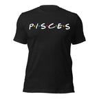 Pisces zodiac 90s nostalgia graphic t-shirt, black unisex relaxed fit, front flat lay