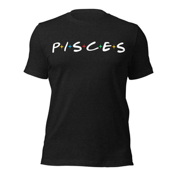 Pisces zodiac 90s nostalgia graphic t-shirt, black unisex relaxed fit, front flat lay