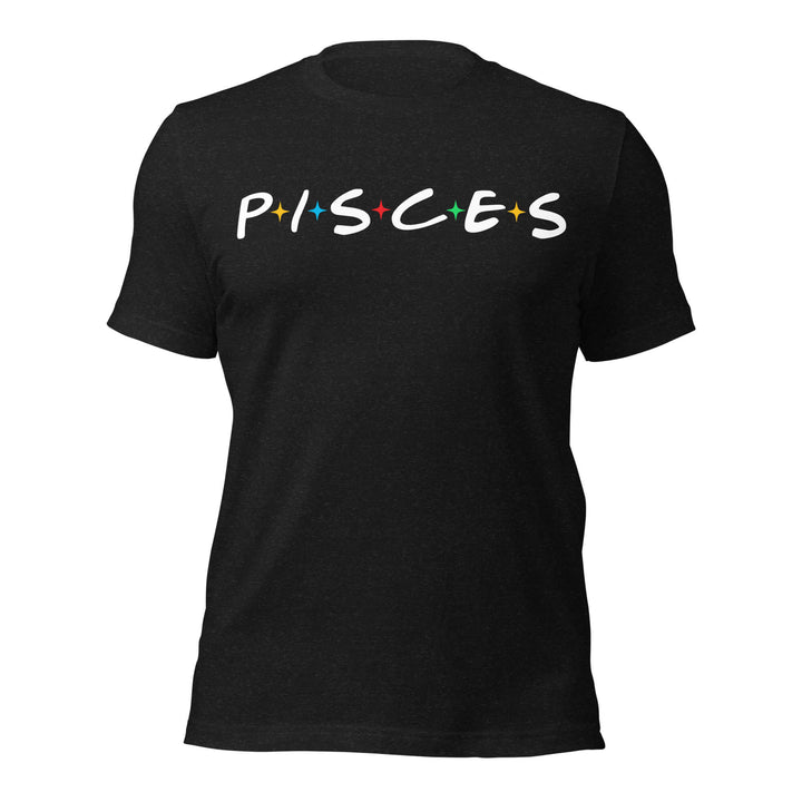 Pisces zodiac 90s nostalgia graphic t-shirt, black unisex relaxed fit, front flat lay