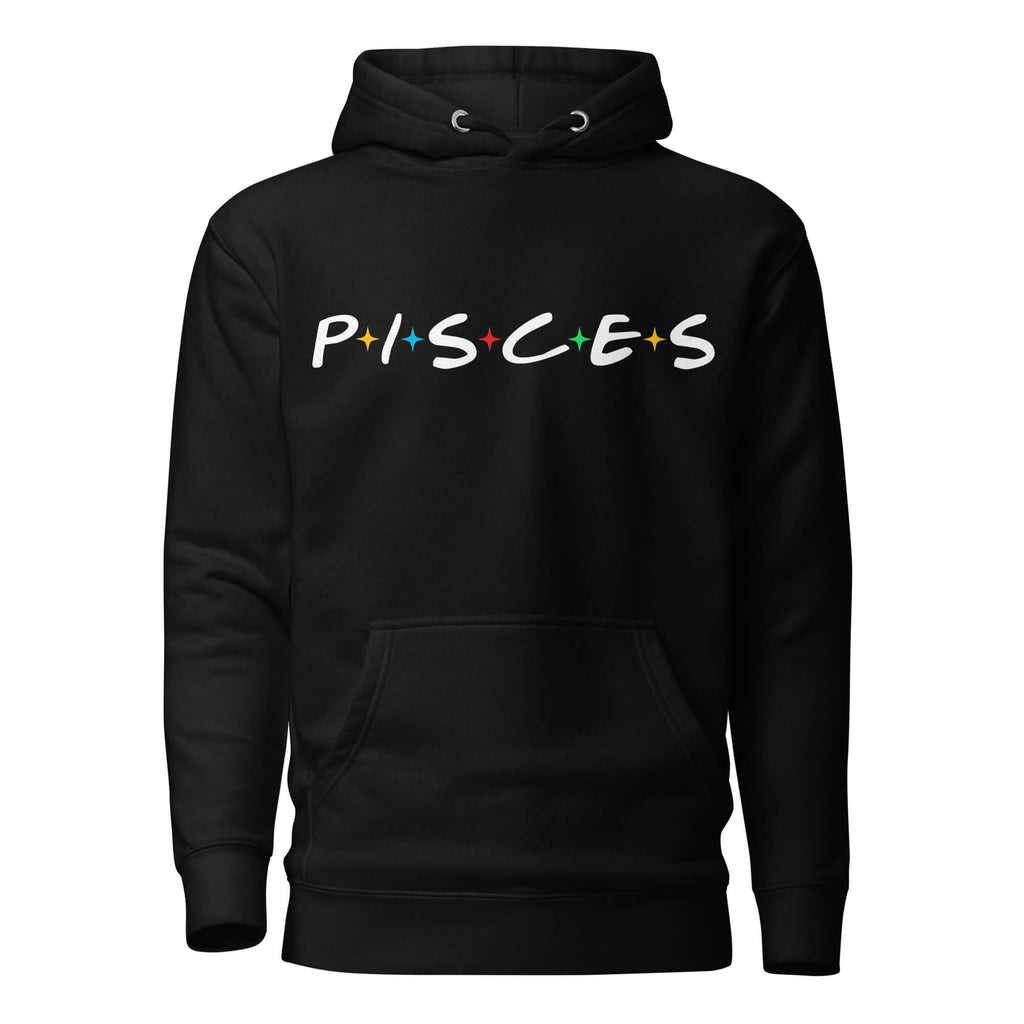 Pisces zodiac 90s nostalgia graphic pullover hoodie, black unisex relaxed fit, front flat lay