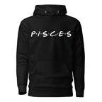 Pisces zodiac 90s nostalgia graphic pullover hoodie, black unisex relaxed fit, front flat lay