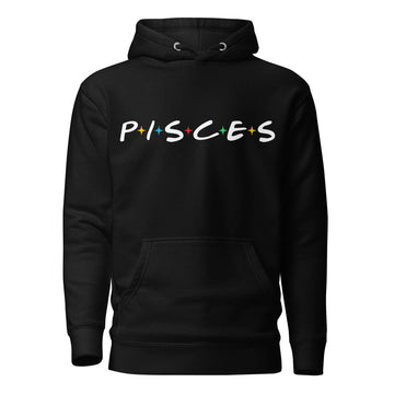 Pisces zodiac 90s nostalgia graphic pullover hoodie, black unisex relaxed fit, front flat lay