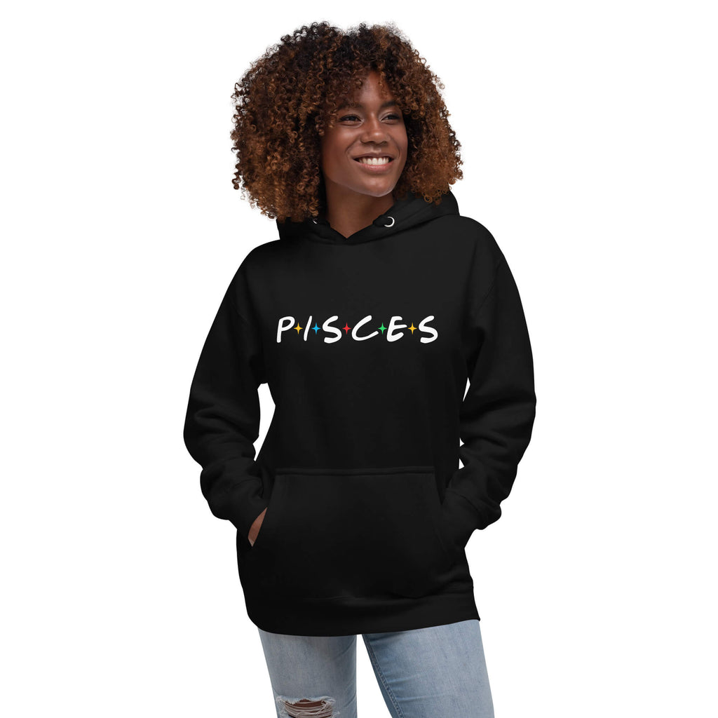 Person wearing Pisces zodiac 90s nostalgia graphic hoodie in black, retro astrology style