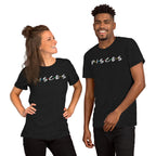 Two people wearing Pisces zodiac 90s nostalgia graphic t-shirts in black, lifestyle photo