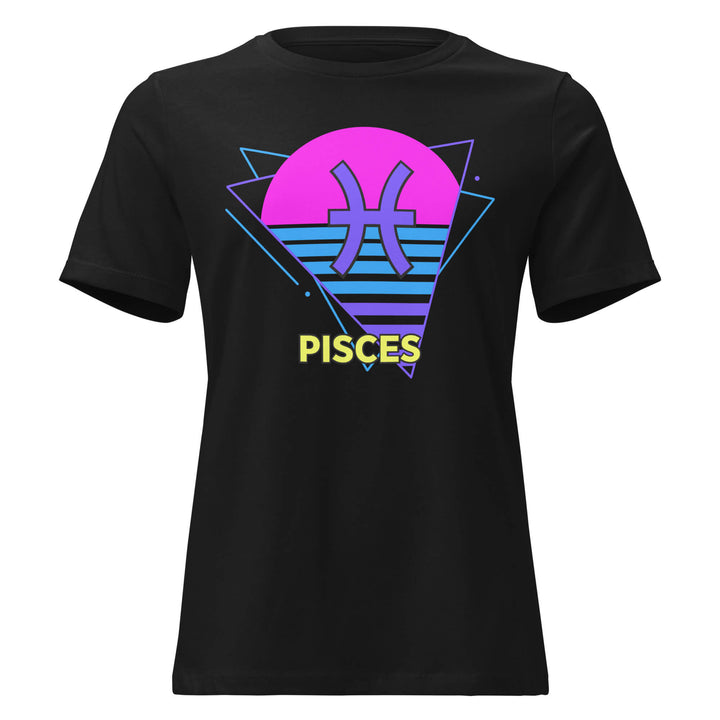 Pisces retro 80s zodiac t-shirt with pink sun design on black shirt – flat product mockup
