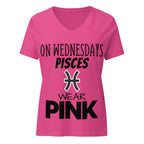 "On Wednesdays Pisces Wears Pink" zodiac v-neck t-shirt, pink, women's astrology apparel, front flat lay