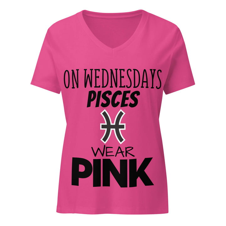 Pink v-neck with black text and pisces symbol on a white background