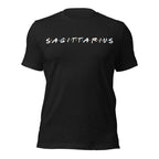 Sagittarius zodiac 90s nostalgia graphic t-shirt, black unisex relaxed fit, front flat lay