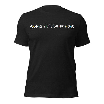 Sagittarius zodiac 90s nostalgia graphic t-shirt, black unisex relaxed fit, front flat lay