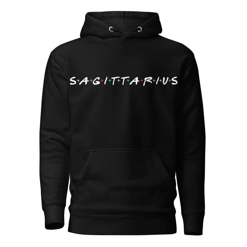 Sagittarius zodiac 90s nostalgia graphic pullover hoodie, black unisex relaxed fit, front flat lay