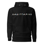 Sagittarius zodiac 90s nostalgia graphic pullover hoodie, black unisex relaxed fit, front flat lay