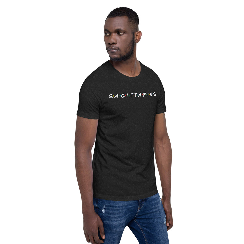 Man wearing Sagittarius zodiac 90s nostalgia graphic t-shirt in black, retro astrology style
