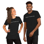 Two people wearing Sagittarius zodiac 90s nostalgia graphic t-shirts in black, lifestyle photo