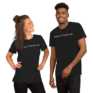 Two people wearing Sagittarius zodiac 90s nostalgia graphic t-shirts in black, lifestyle photo