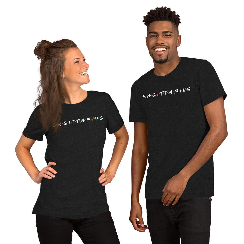 Two people wearing Sagittarius zodiac 90s nostalgia graphic t-shirts in black, lifestyle photo