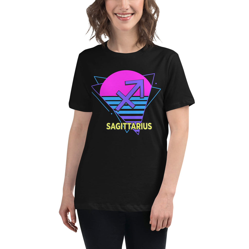 Person wearing Sagittarius zodiac retro 80s graphic t-shirt, unisex astrology apparel