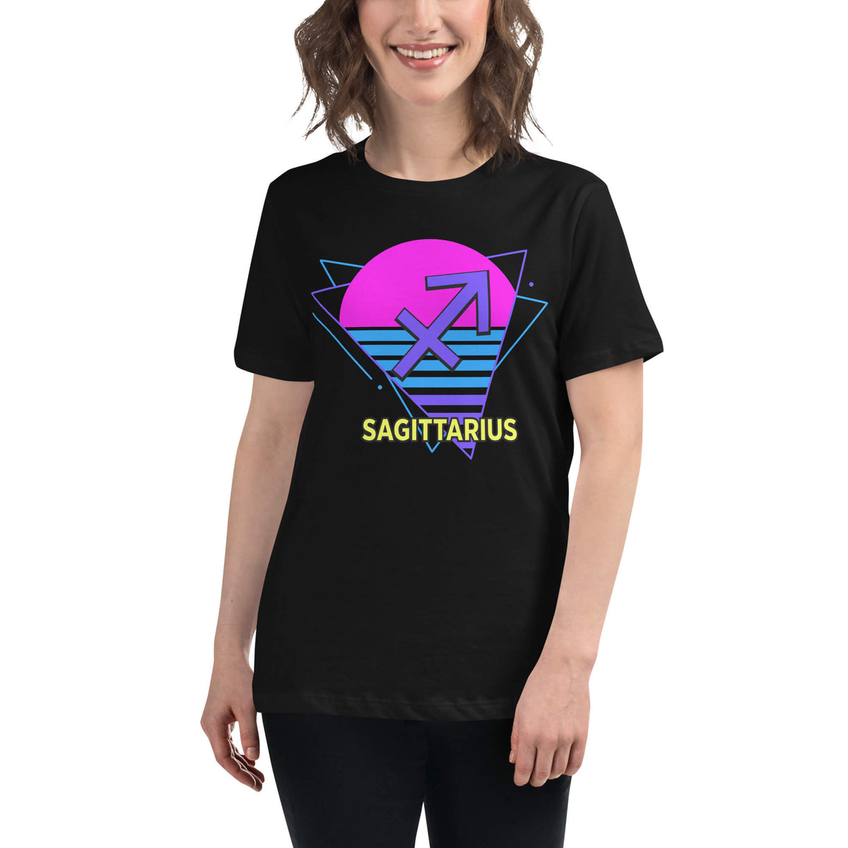 Person wearing Sagittarius zodiac retro 80s graphic t-shirt, unisex astrology apparel