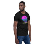 Man wearing Sagittarius zodiac retro 80s graphic t-shirt, unisex retro astrology apparel