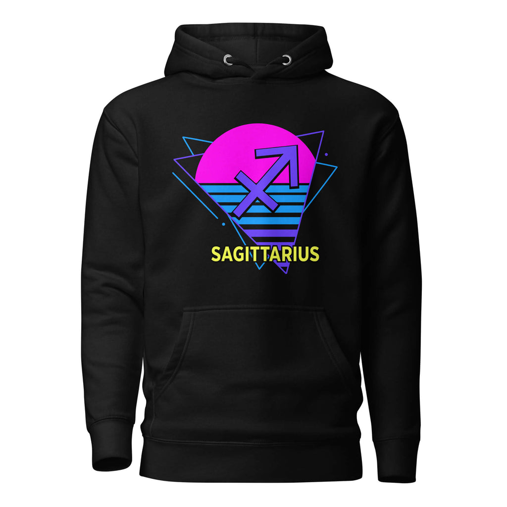 Sagittarius zodiac retro 80s graphic pullover hoodie, black with purple design, unisex astrology apparel, front flat lay