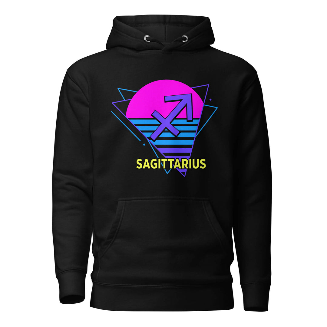 Sagittarius zodiac retro 80s graphic pullover hoodie, black with purple design, unisex astrology apparel, front flat lay
