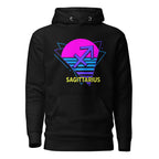 Sagittarius zodiac retro 80s graphic pullover hoodie, black with purple design, unisex astrology apparel, front flat lay