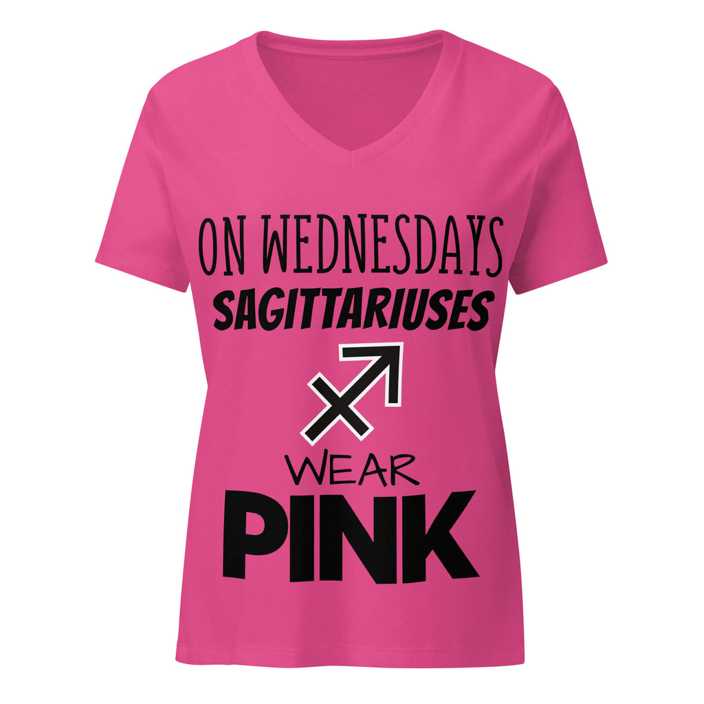 "On Wednesdays Sagittarius Wears Pink" zodiac v-neck t-shirt, pink, women's astrology apparel, front flat lay
