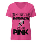 "On Wednesdays Sagittarius Wears Pink" zodiac v-neck t-shirt, pink, women's astrology apparel, front flat lay