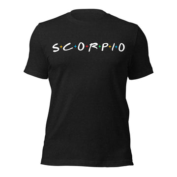 Scorpio zodiac 90s nostalgia graphic t-shirt, black unisex relaxed fit, front flat lay
