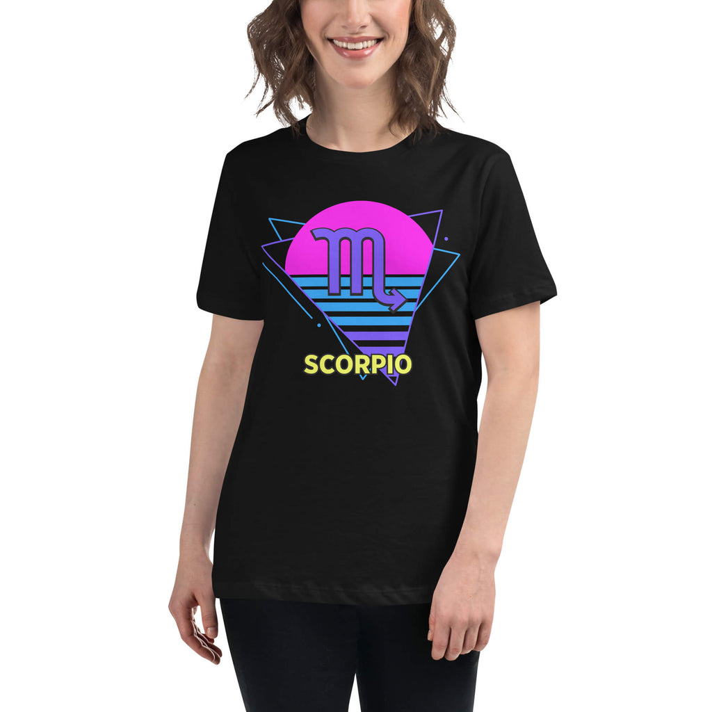 Person wearing Scorpio zodiac retro 80s graphic t-shirt, unisex astrology apparel