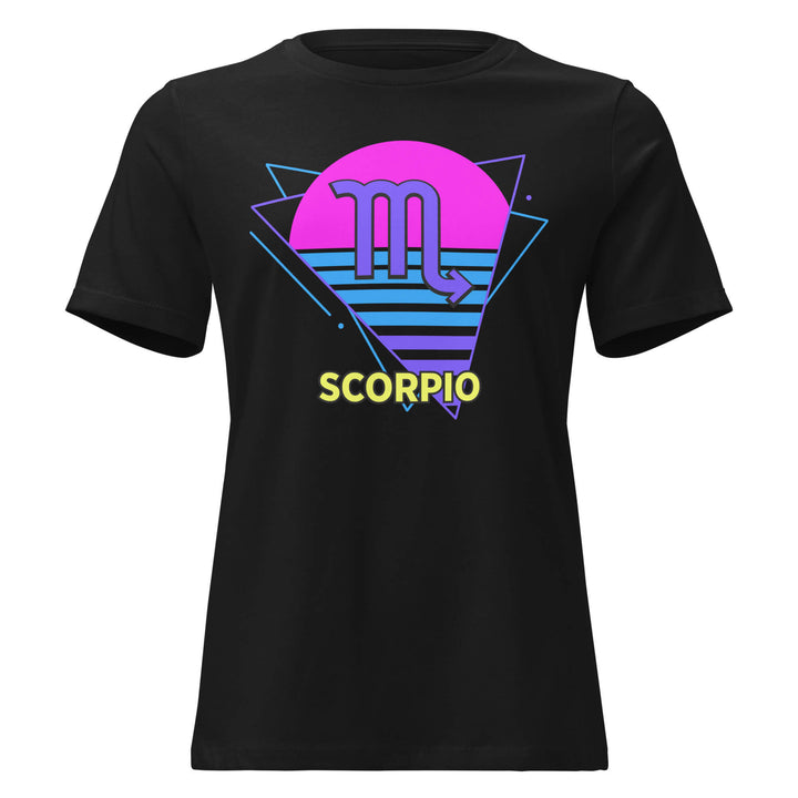 Scorpio retro 80s zodiac t-shirt with pink sun design on black shirt – flat product mockup